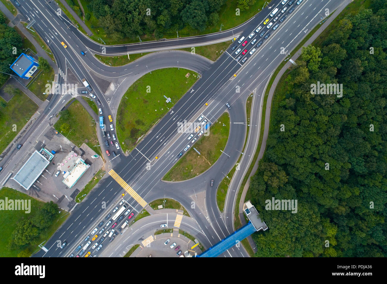 Road junction Highway of Enthusiasts and Big Kupavensky travel in Moscow. Aerial photography. Stock Photo
