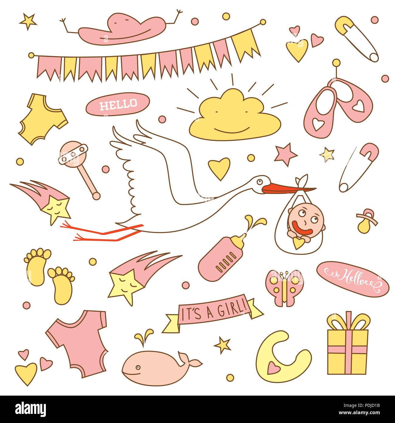Baby Shower Girl Set with Stork. Vector Illustration Stock Vector Image ...