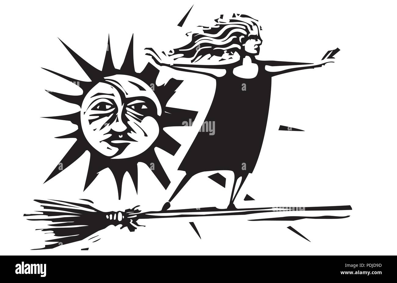 Woodcut style expressionistic witch on a broom with he sun and moon Stock Vector