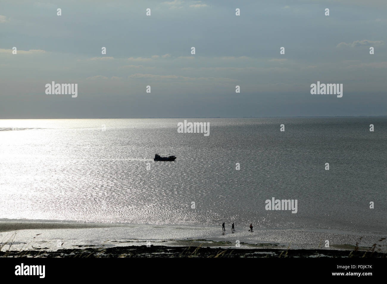 The Wash Monster, sinister silhouette, amphibious, passenger, boat, pleasure cruise, The Wash, from Hunstanton, evening light, Norfolk, UK Stock Photo