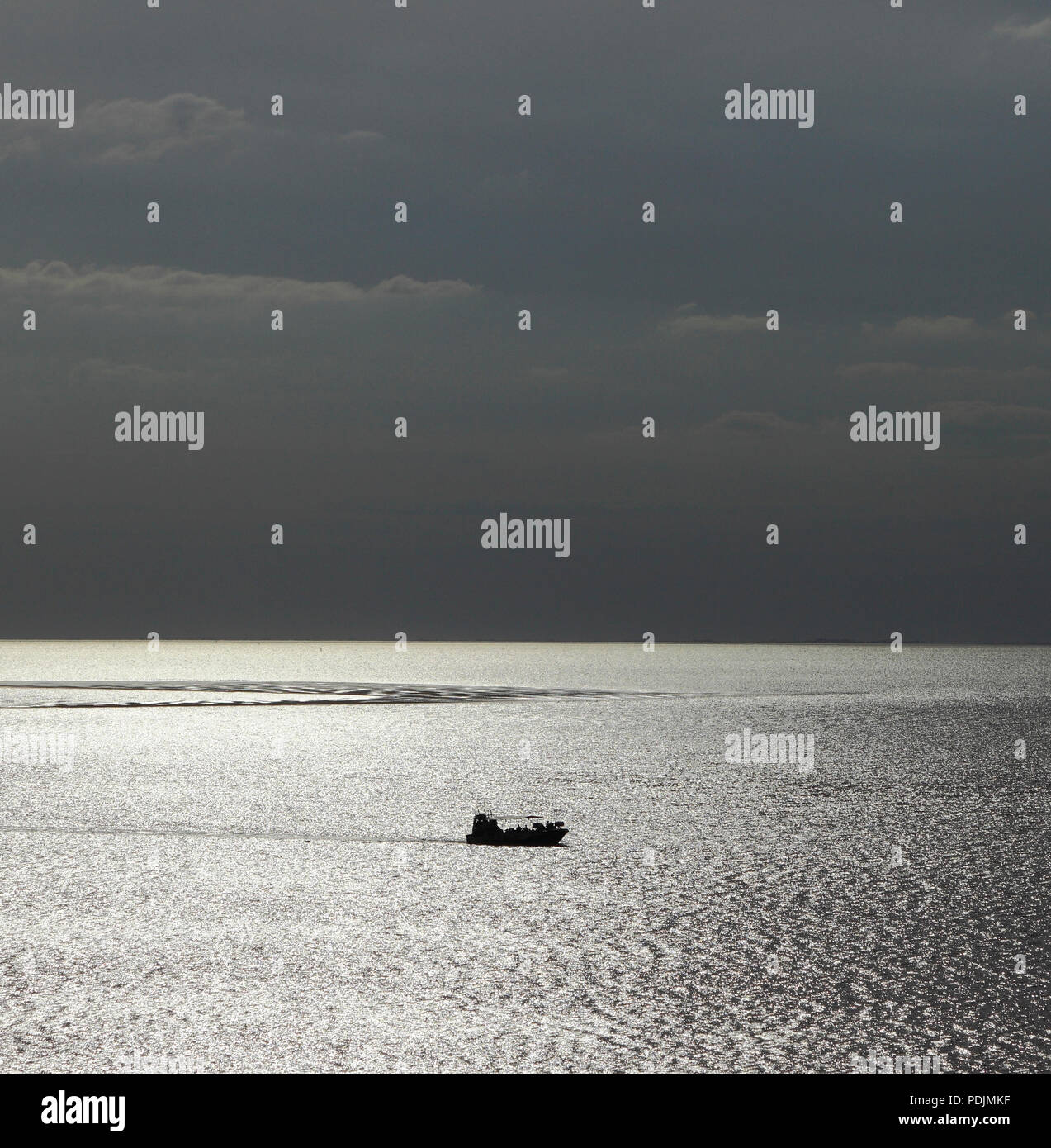 The Wash Monster, sinister silhouette, amphibious, passenger, boat, pleasure cruise, The Wash, from Hunstanton, evening light, Norfolk, UK Stock Photo