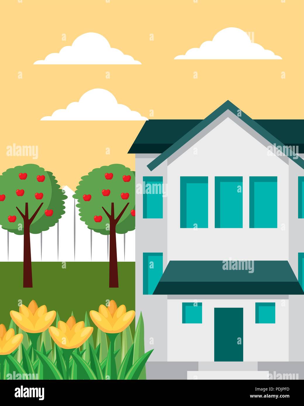 big house apple trees and flower gardening Stock Vector Image & Art Alamy