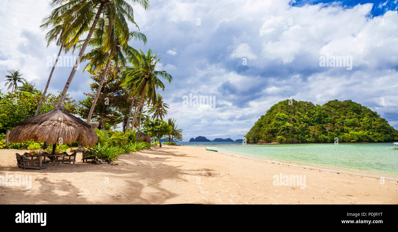 Beautiful El Nido island,view with azure sea,palm trees and mountain,Philippines. Stock Photo