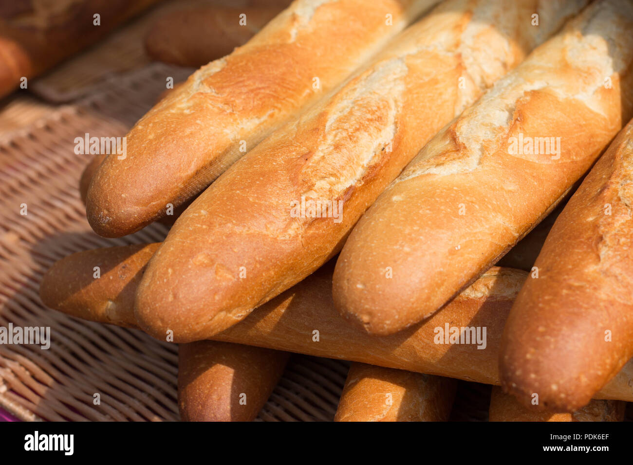 Baguettes, the famous long and thin french bread. Close up of some