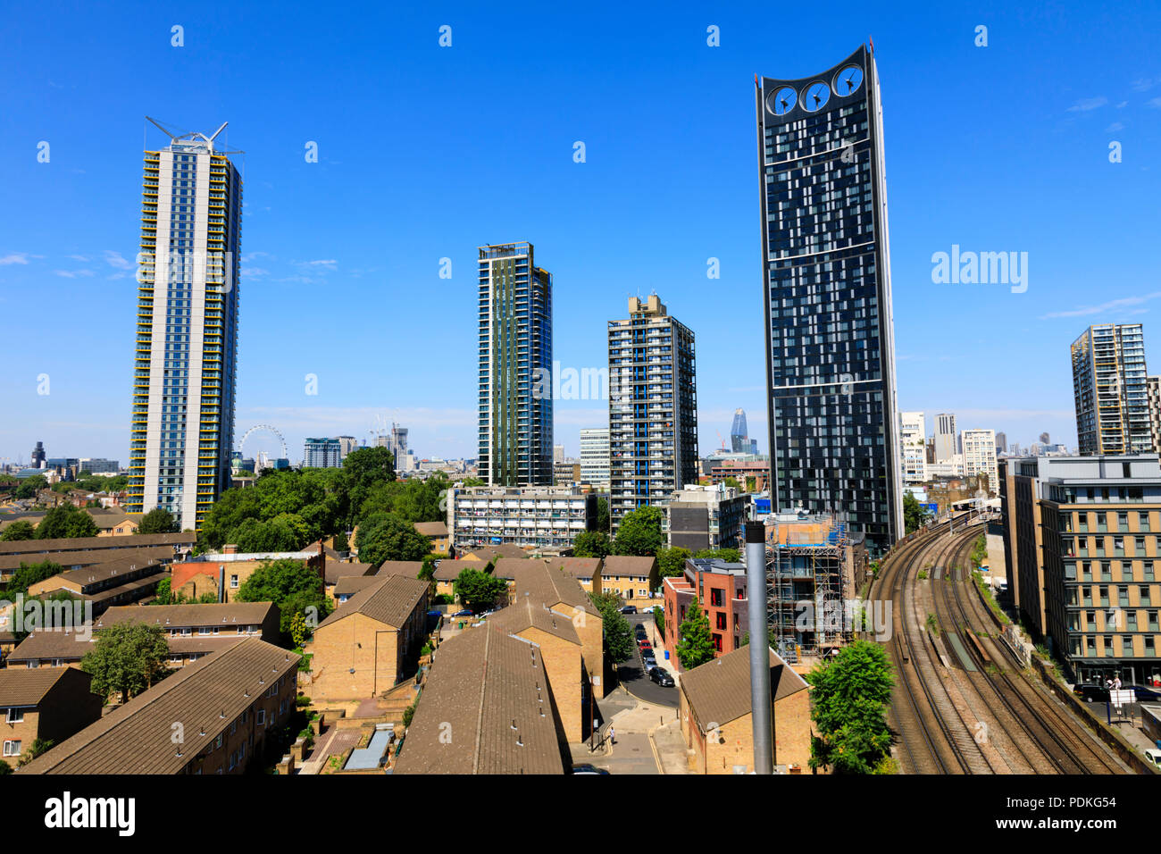 High rise buildings at Elephant and Castle, Southwark, viewed from Kennington, London, England. Strata SE11 Stock Photo