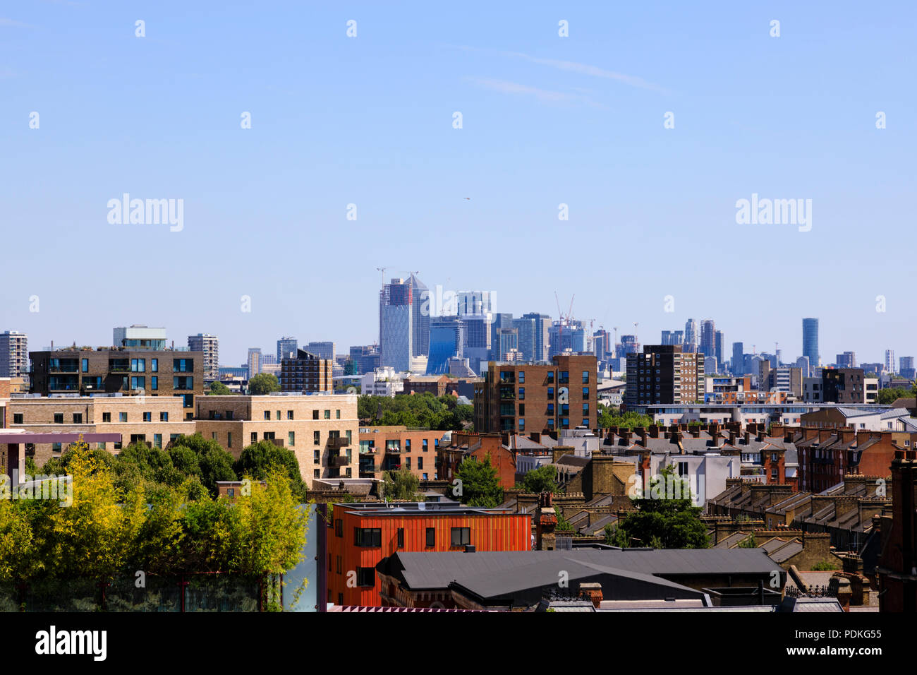 High rise office buildings at Canary Wharf developement, seen from Kennington, London Stock Photo