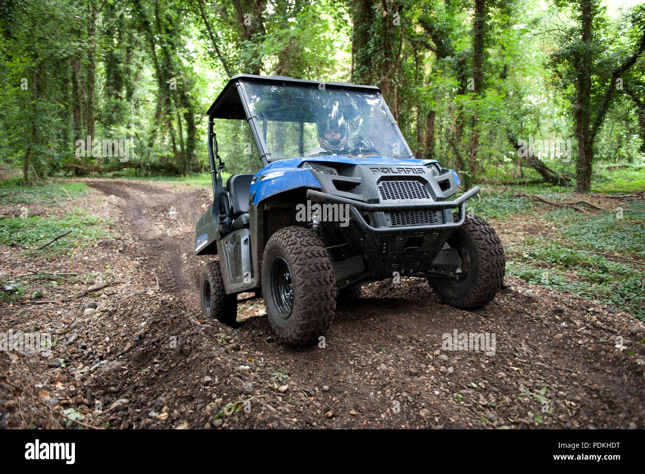 A Polaris Ranger all terrain vehicle demonstration at the annual conference and outdoor exhibition for groundsmen at the Royal Windsor Racecourse,  UK Stock Photo