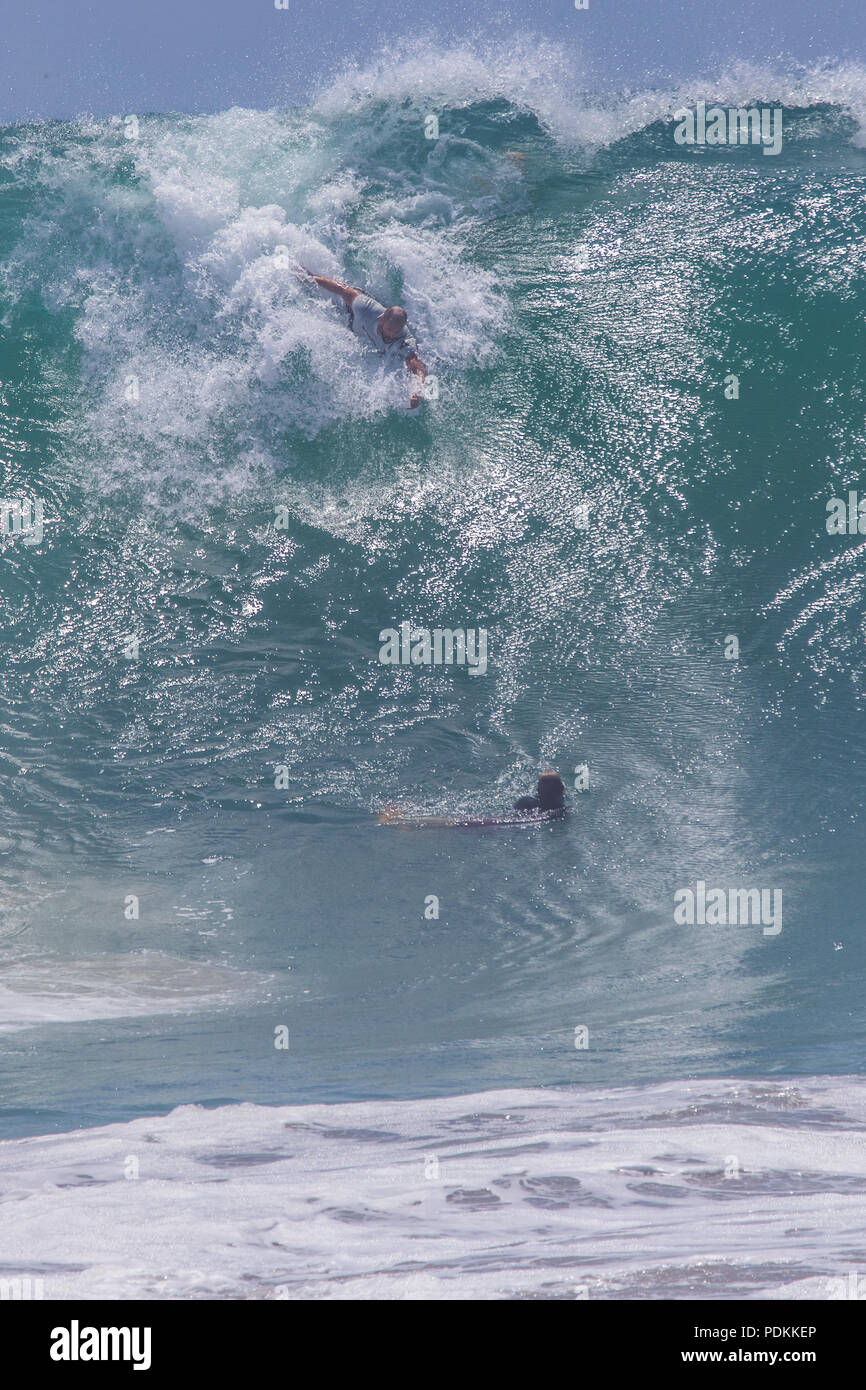 Bodysurfing at the world famous Wedge in Newport Beach California Stock