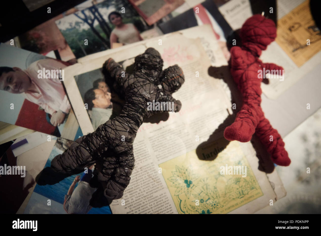 Black magic Brujos or witch doctors, in Catemaco, Veracruz.  Surrounded by dried animals, candles and other objects of black witch craft in Catemaco, Mexico. Stock Photo