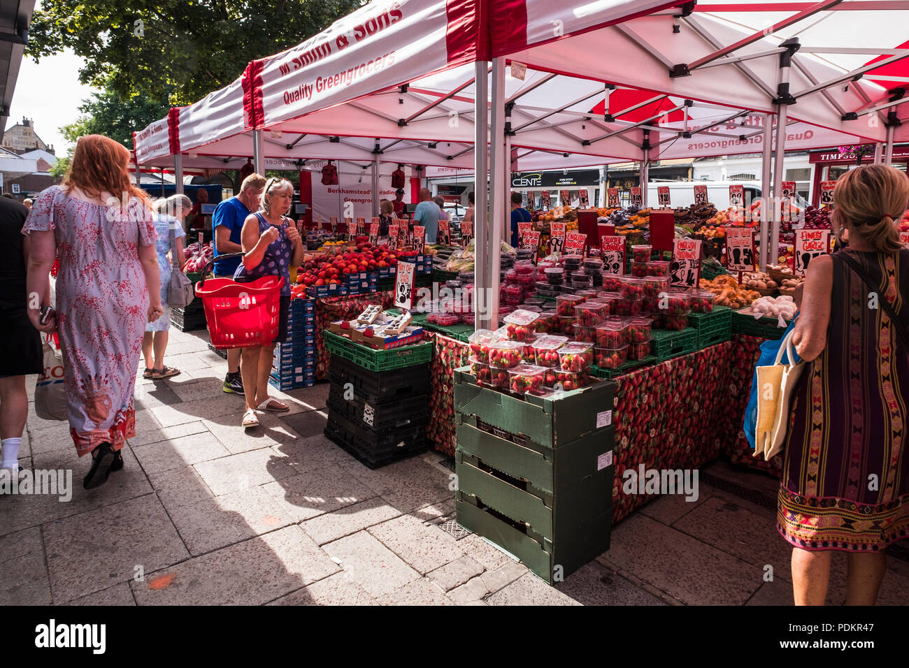 Street fruit & veg stall, High Street, Berkhamsted, Hertfordshire, England, U.K. Stock Photo