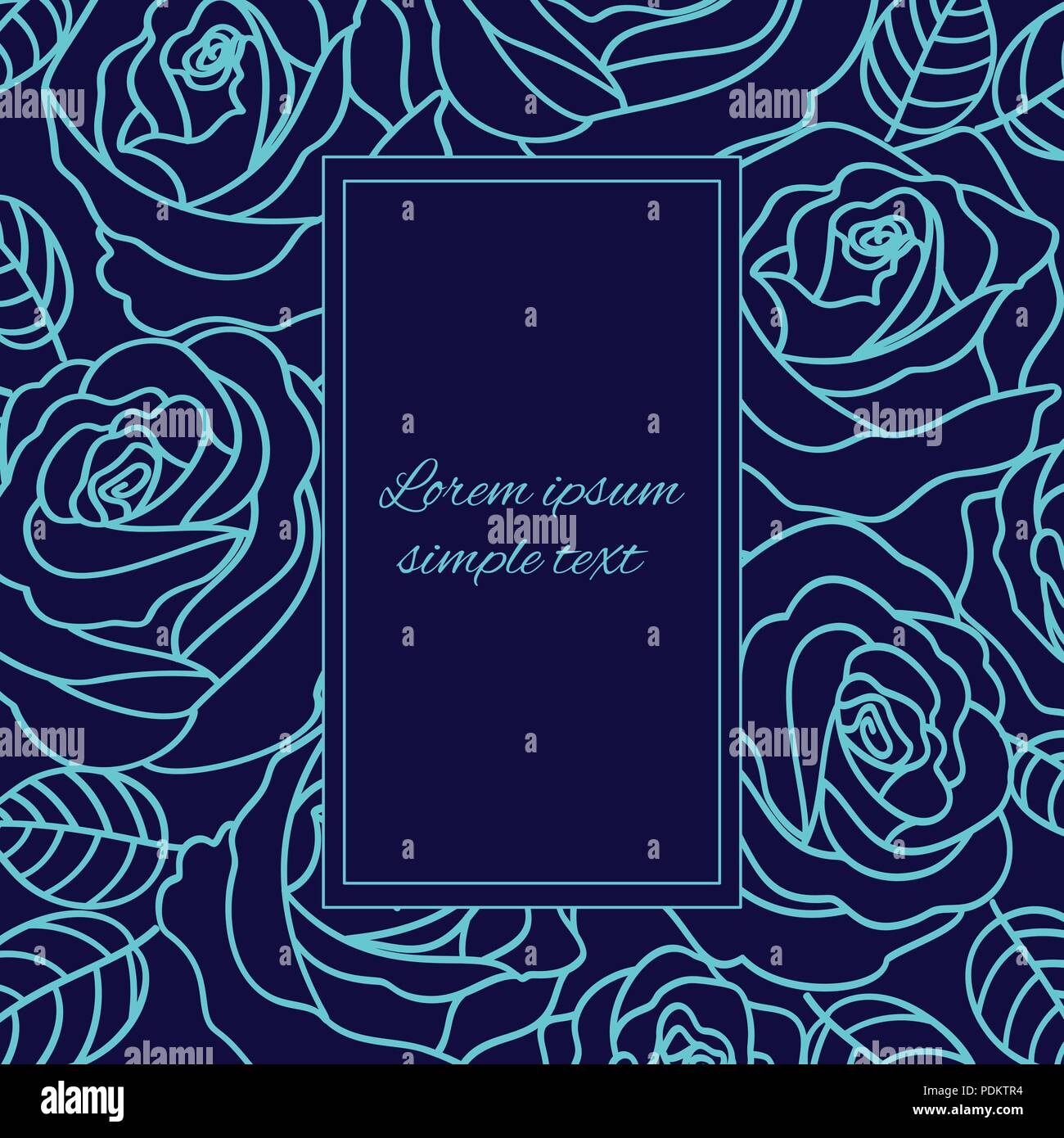 Pale blue outline vector roses on the navy background with rectangular frame, copy space. Floral design for greeting card Stock Vector