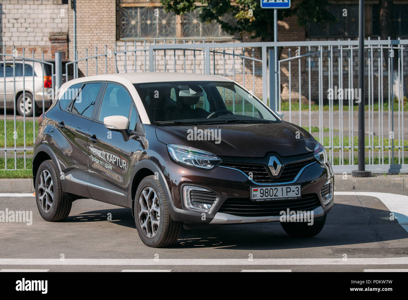 Gomel, Belarus - June 31, 2018: Black Color Renault Kaptur Car Is The Subcompact Crossover Parking In Street. Renault Kaptur Produced Jointly By Renau Stock Photo