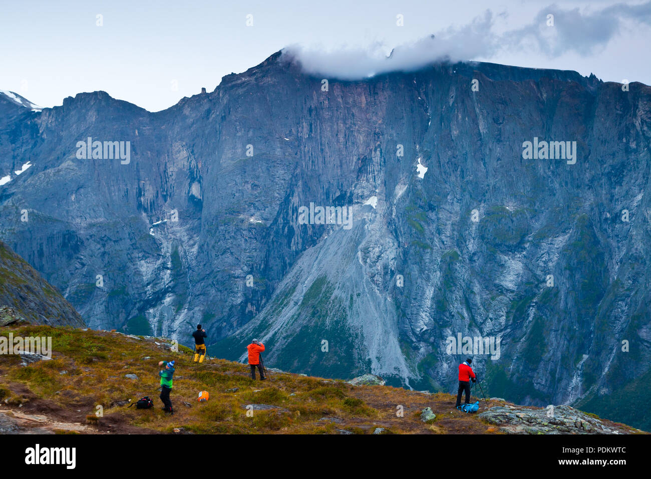 Outdoor photographers taking pictures of the dramatic scenery in Romsdalen, Møre og Romsdal Norway. Stock Photo