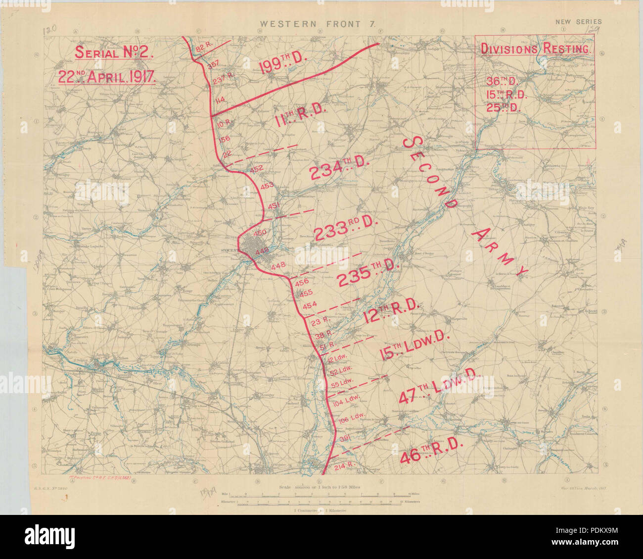 83 Map of German troop disposition around Saint-Quentin on 22 April 1917 Stock Photo