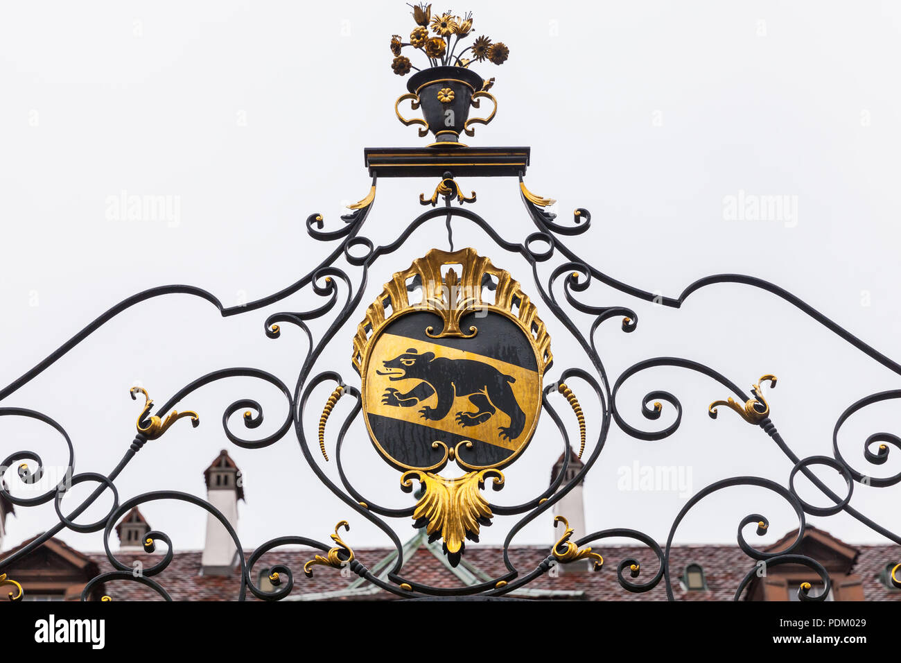 Cast-iron grate with the Bern coat of arms, Switzerland. Front view Stock Photo