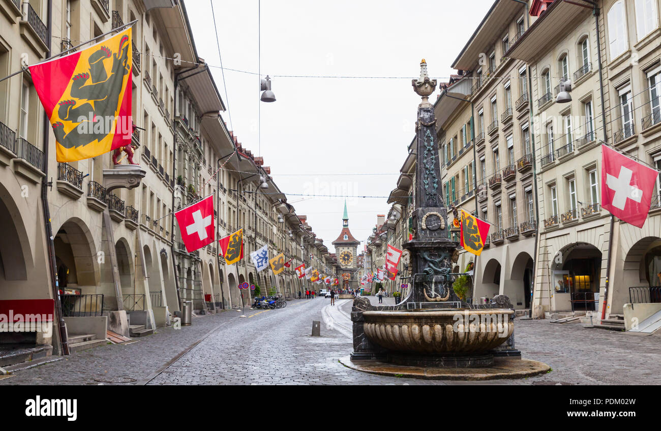 Street view of Kramgasse or Grocers Alley. It is one of the principal streets in the Old City of Bern, Switzerland Stock Photo