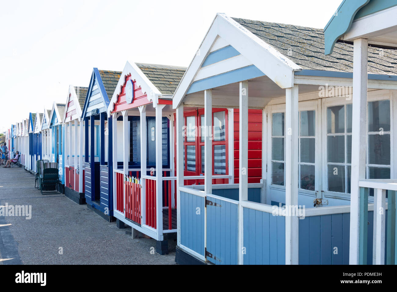 Colourful wooden beach huts on Southwold Beach, Southwold, Suffolk, England, United Kingdom Stock Photo