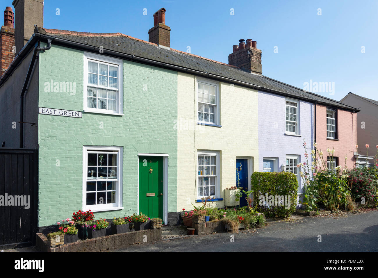 Colurful period cottages, East Green, Southwold, Suffolk, England, United Kingdom Stock Photo