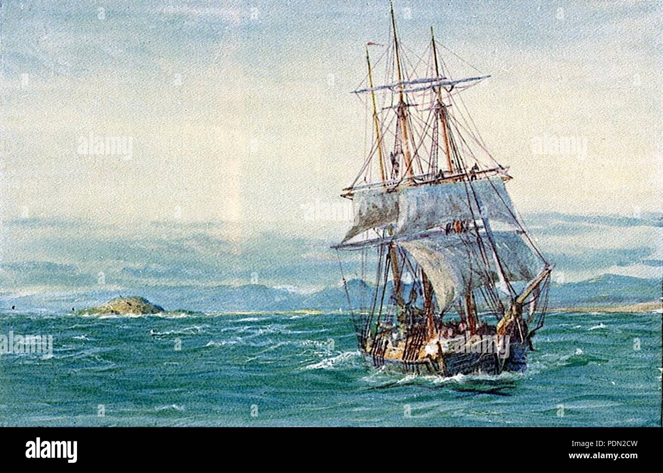 Annotated proof, sailing vessel off a coast Stock Photo Alamy