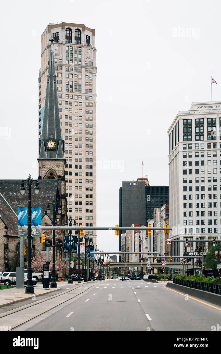 Buildings on Woodward Avenue, in downtown Detroit, Michigan Stock Photo ...