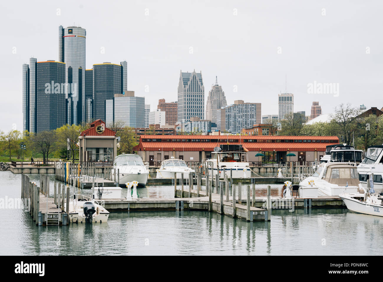 View of the Detroit skyline from William G. Milliken State Park and Harbor, in Detroit, Michigan Stock Photo