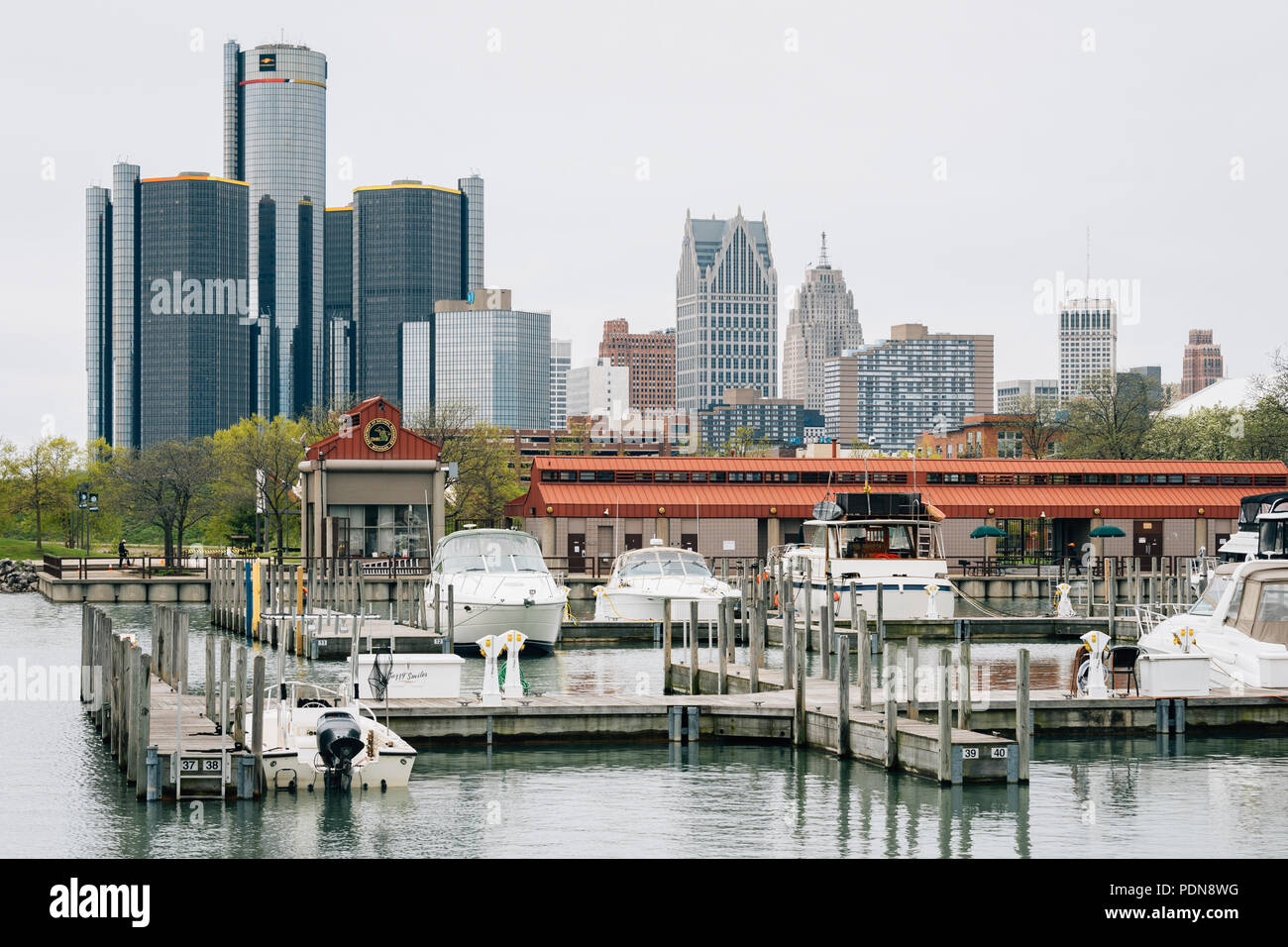 View of the Detroit skyline from William G. Milliken State Park and Harbor, in Detroit, Michigan Stock Photo