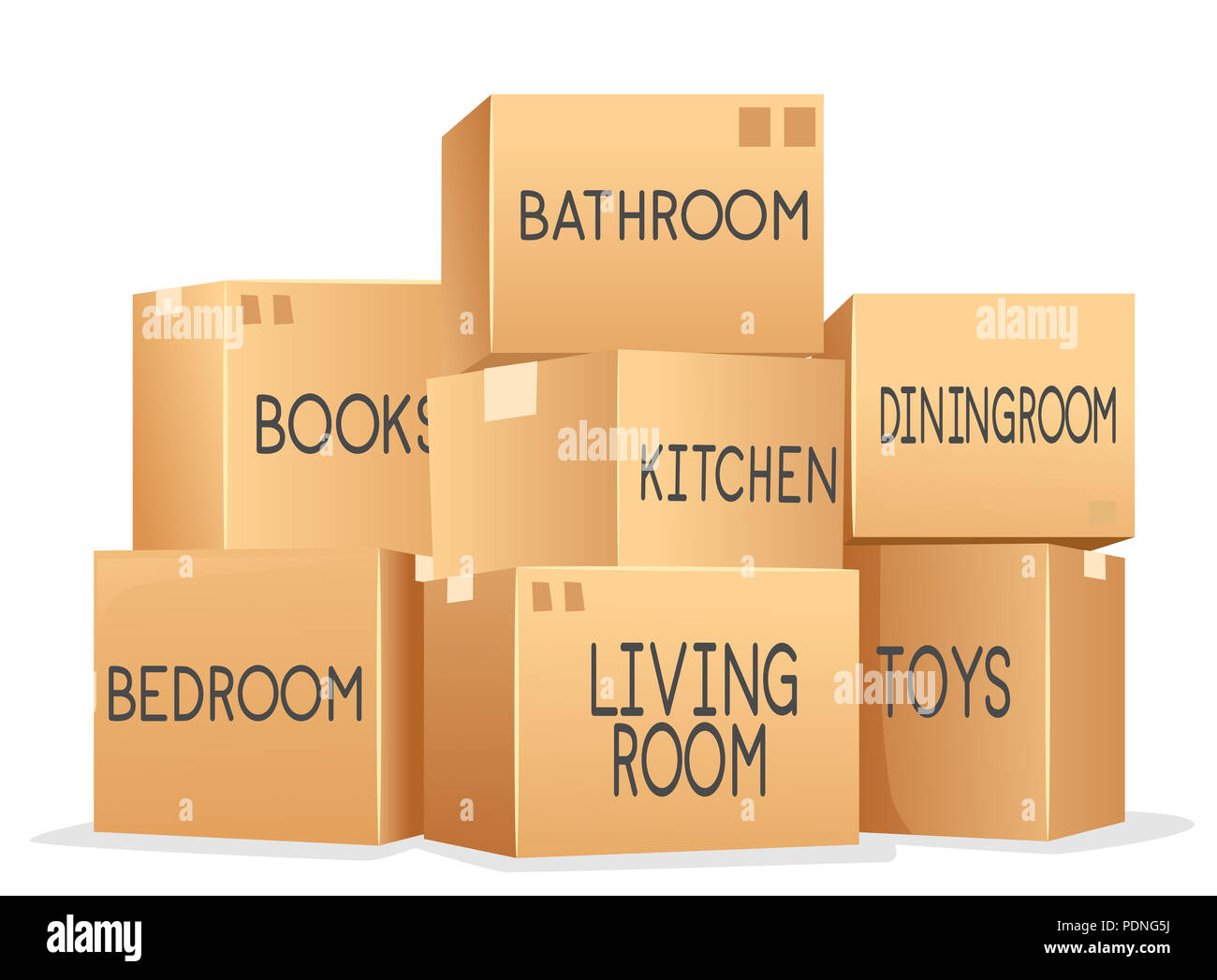 Illustration of Cardboard Boxes for Moving with Room and Other Labels Stock Photo