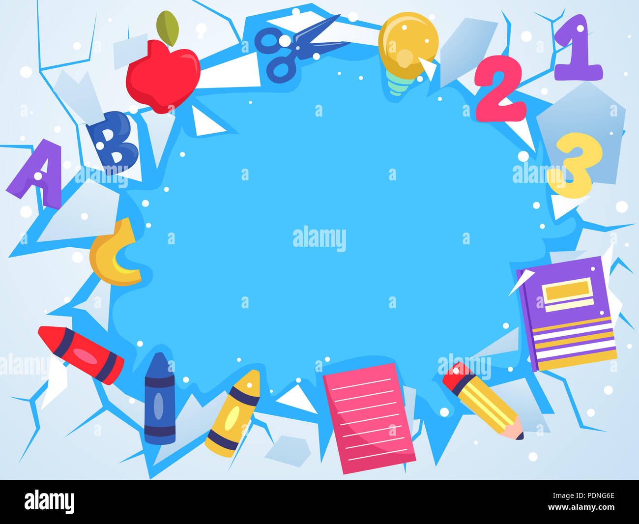 Background Illustration of Cracked Ice with School Elements like ABC,  crayons, notebooks, pencil and 123 Stock Photo - Alamy