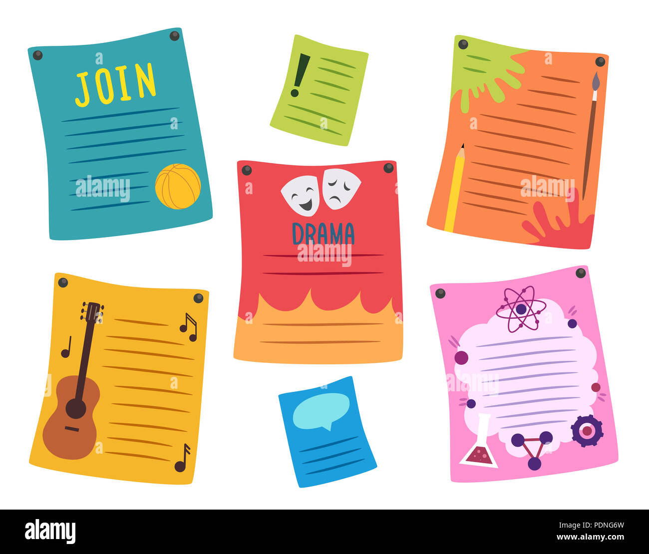 Illustration of Different School Club Posters from Basketball, Guitar