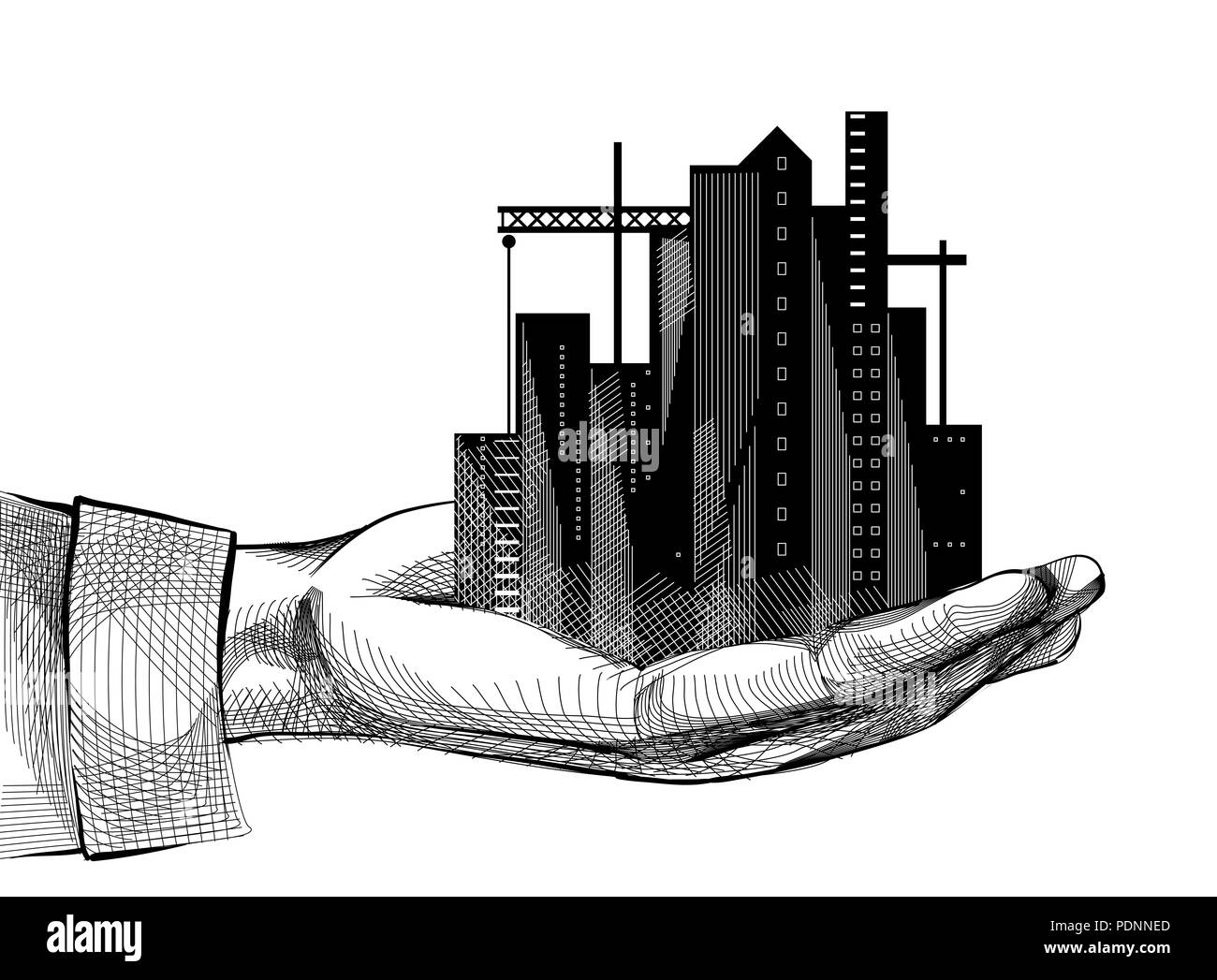 Sketch Illustration of a Hand Holding a City with Tall Buildings and Tower Crane Stock Photo