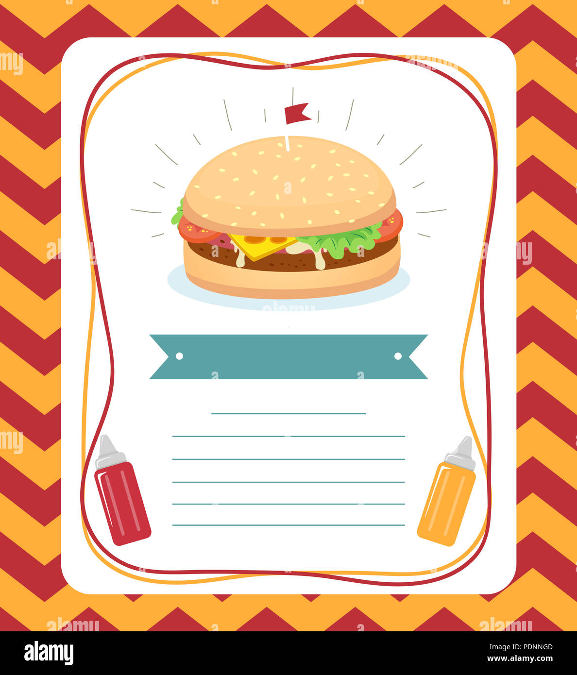 Illustration of a Burger with Tiny Flag, Ribbon, Mustard, Ketchup Sauce and Space for Text Stock