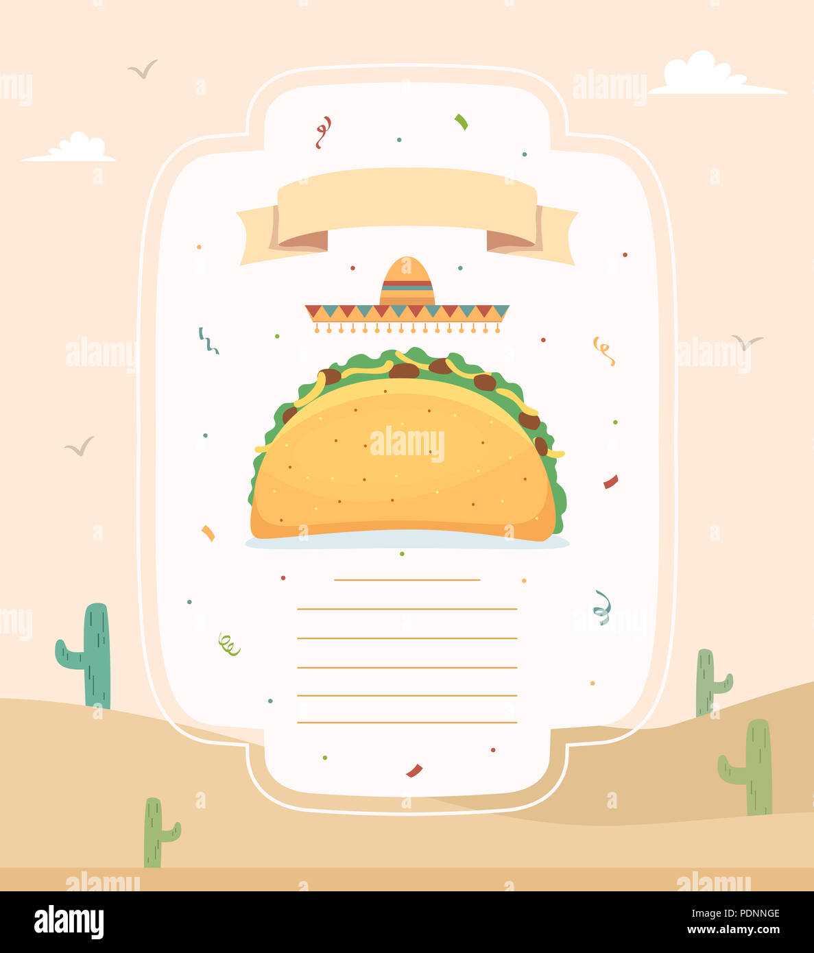 Illustration of a Taco with Mexican Hat, Ribbon and Space for Text Against a Desert Background with Sand and Cactus Stock Photo