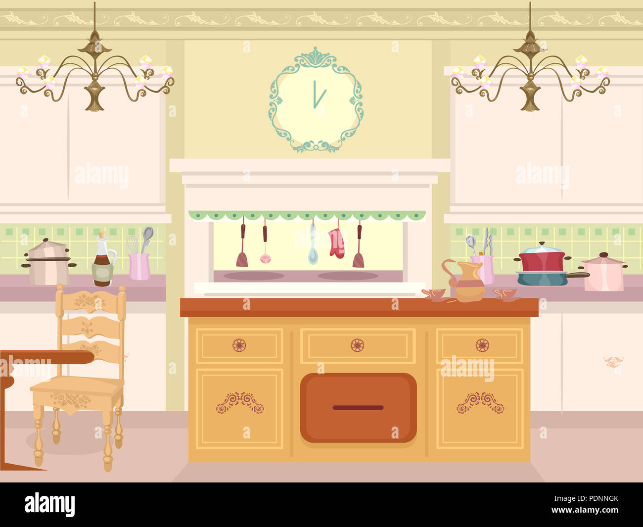 Illustration of a Victorian Theme Kitchen with Chandeliers, Cooking