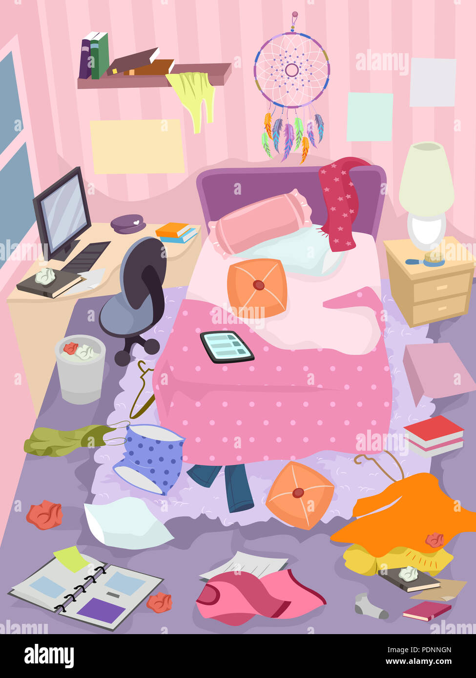 Illustration Of A Messy Bedroom Of A Girl With Clothes