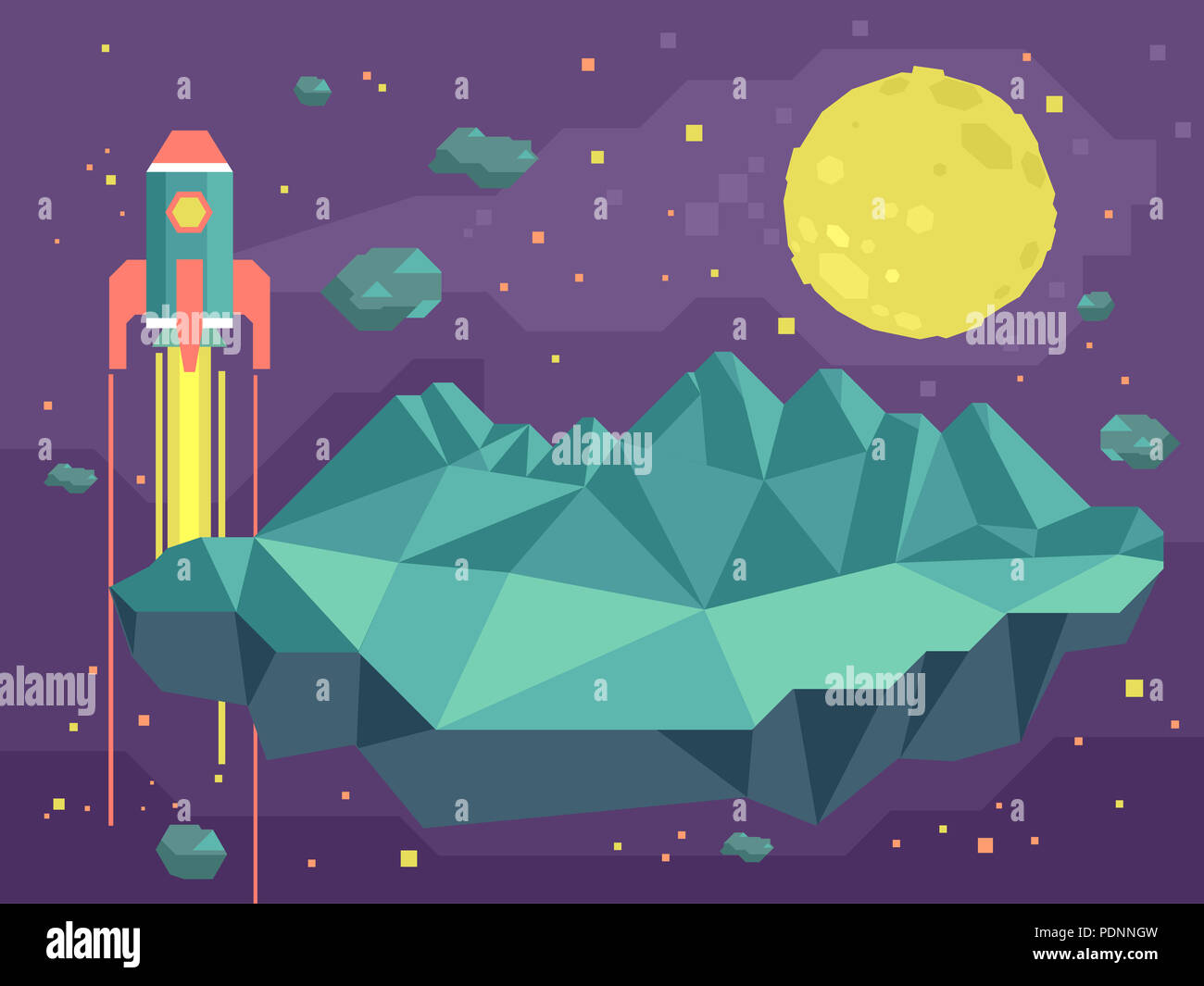 Abstract Illustration of Outer Space in Geometric Design with the Moon, Rocket and Asteroid Stock Photo