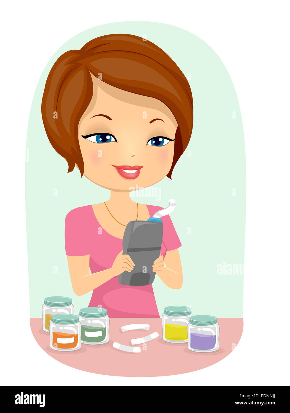 Illustration of a Girl Organizing and Labeling Jars Using a Label Maker  Stock Photo - Alamy