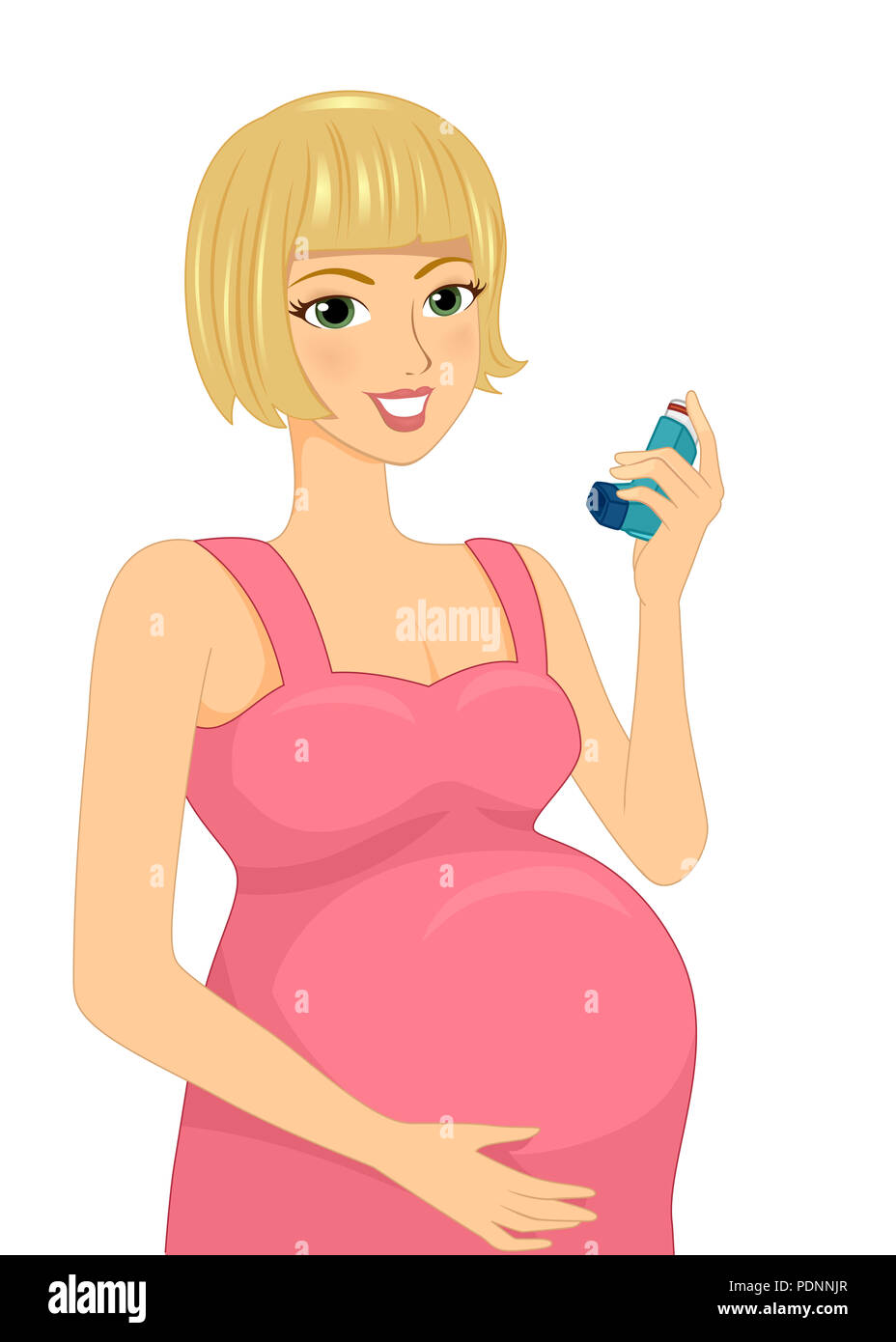 Illustration of a Pregnant Girl Holding an Inhaler for Her Asthma Stock