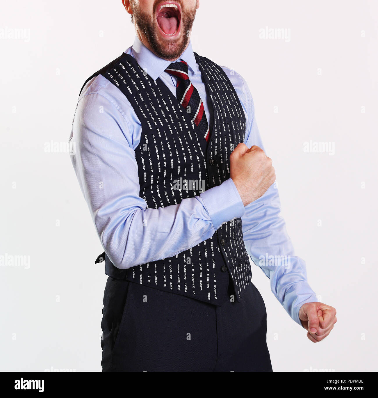 A waistcoat with ‘It’s Coming Home’ embroidered in has been made a reality by mobile phone brand Huawei following their photoshopped version released last week to promote the 5x zoom feature on their latest device, the P20 Pro. It was embroidered over the weekend in response to huge public demand and is available for one England fan to win today on their Twitter channel (@HuaweiMobileUK). A second waistcoat was also created and may be on its way to Russia marked FAO Gareth Southgate . . .  Where: United Kingdom When: 09 Jul 2018 Credit: Joe Pepler/PinPep/WENN.com Stock Photo