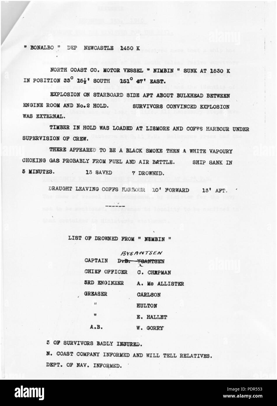 88 MV Nimbin Reported Loss Stock Photo Alamy