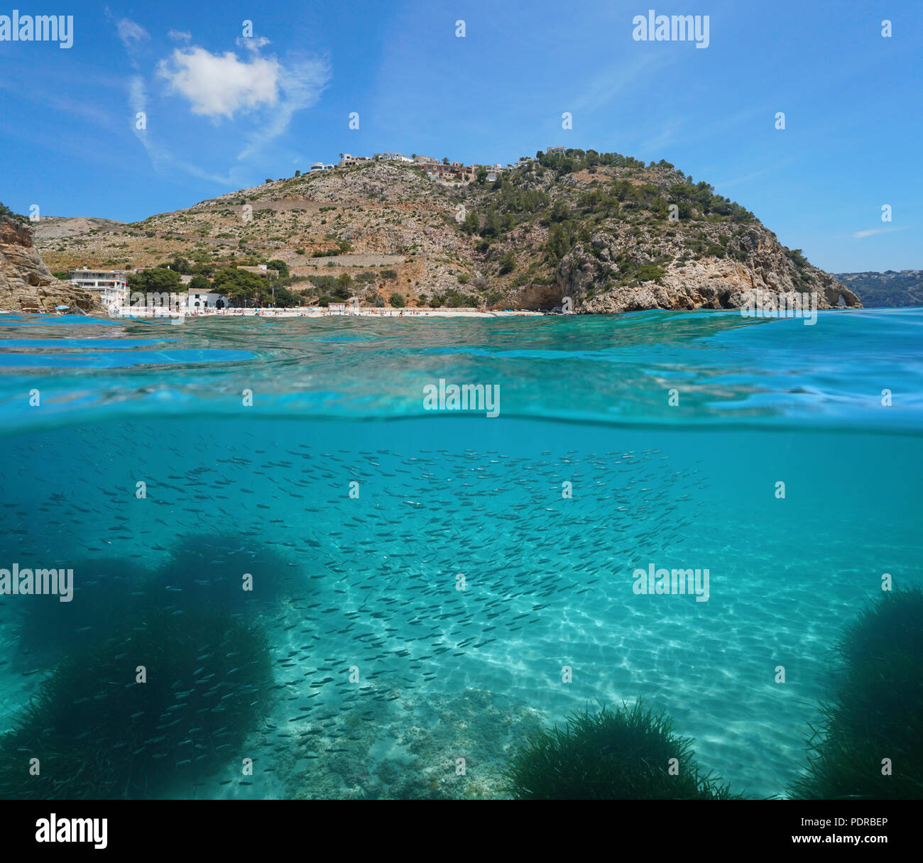 Beach and rocky coast with a school of Atherina fish underwater, split view above and below surface, Mediterranean sea, Cala Granadella, Javea, Spain Stock Photo