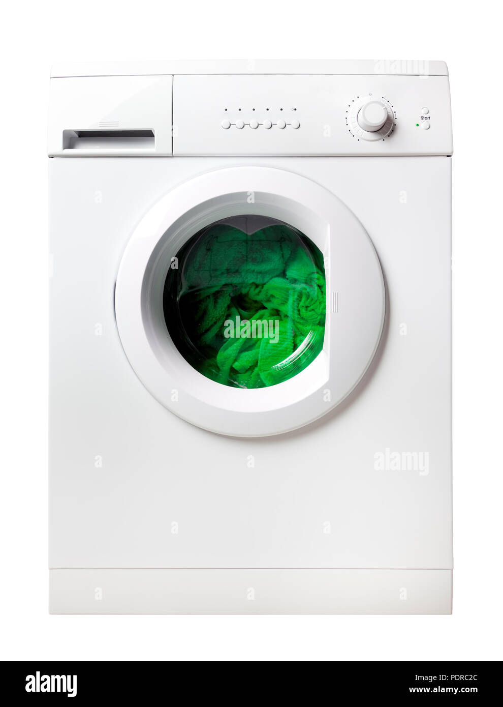 green laundry inside washing machine, isolated on white Stock Photo