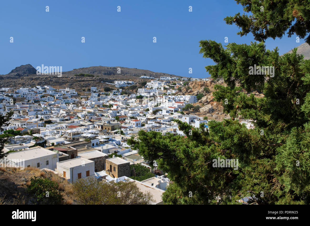 Cityscape of Lindos with white roofs and blue sky with green branches of coniferous trees (Rhodes, Greece) Stock Photo