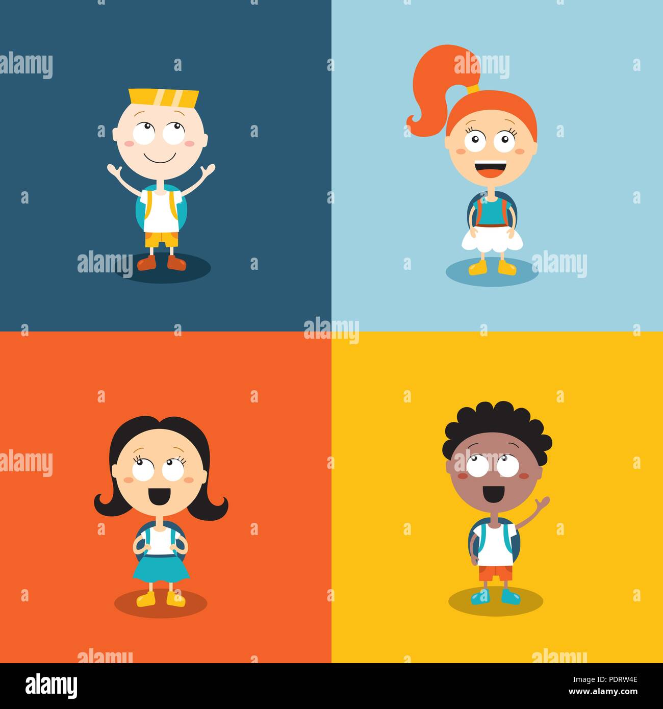 Cute Kids Ready Go Back To School Cartoon Characters Set Stock Vector Image Art Alamy