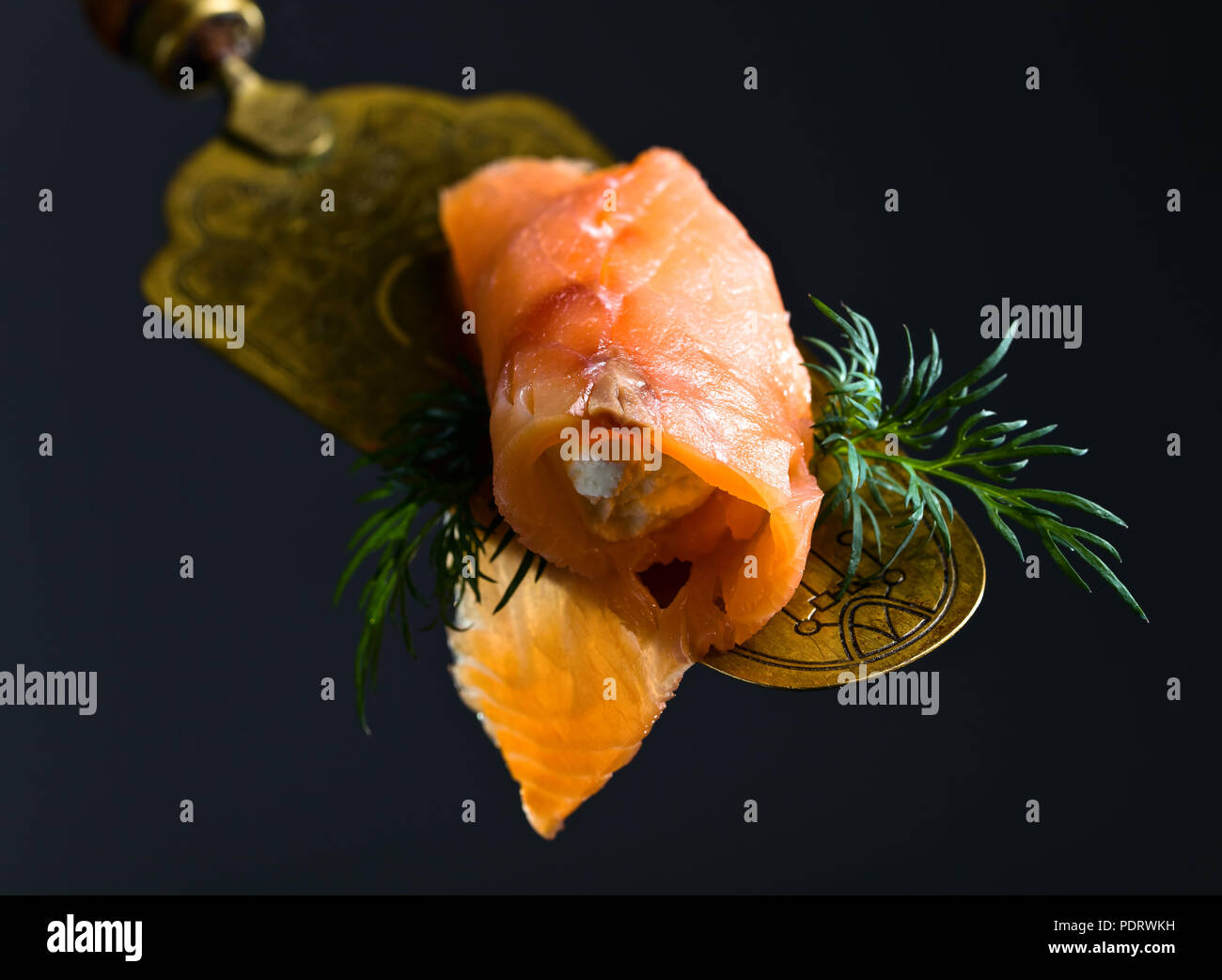 Smoked salmon or trout , cream cheese and dill . Tasty snack. Seafood