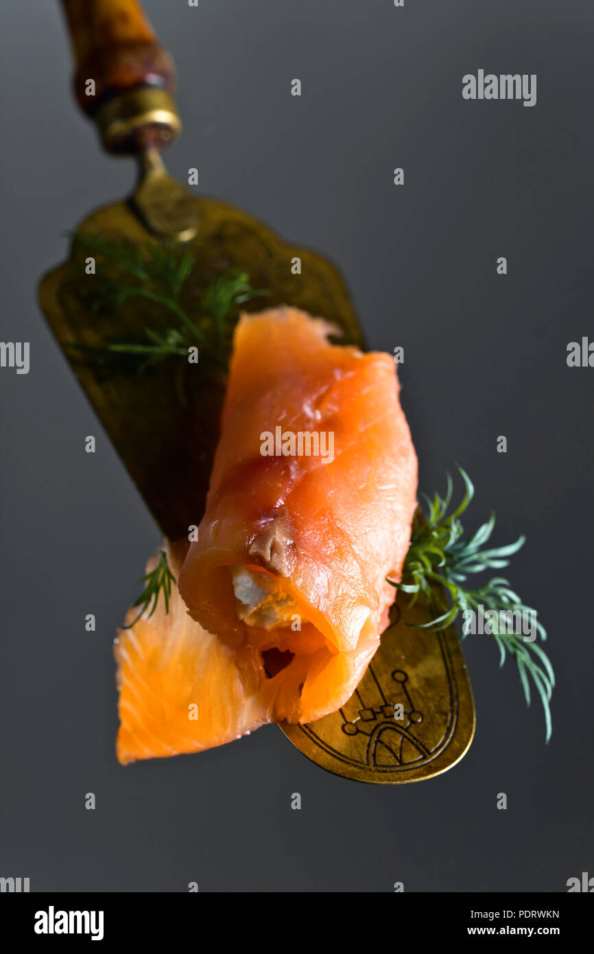 Smoked salmon or trout , cream cheese and dill . Tasty snack. Seafood