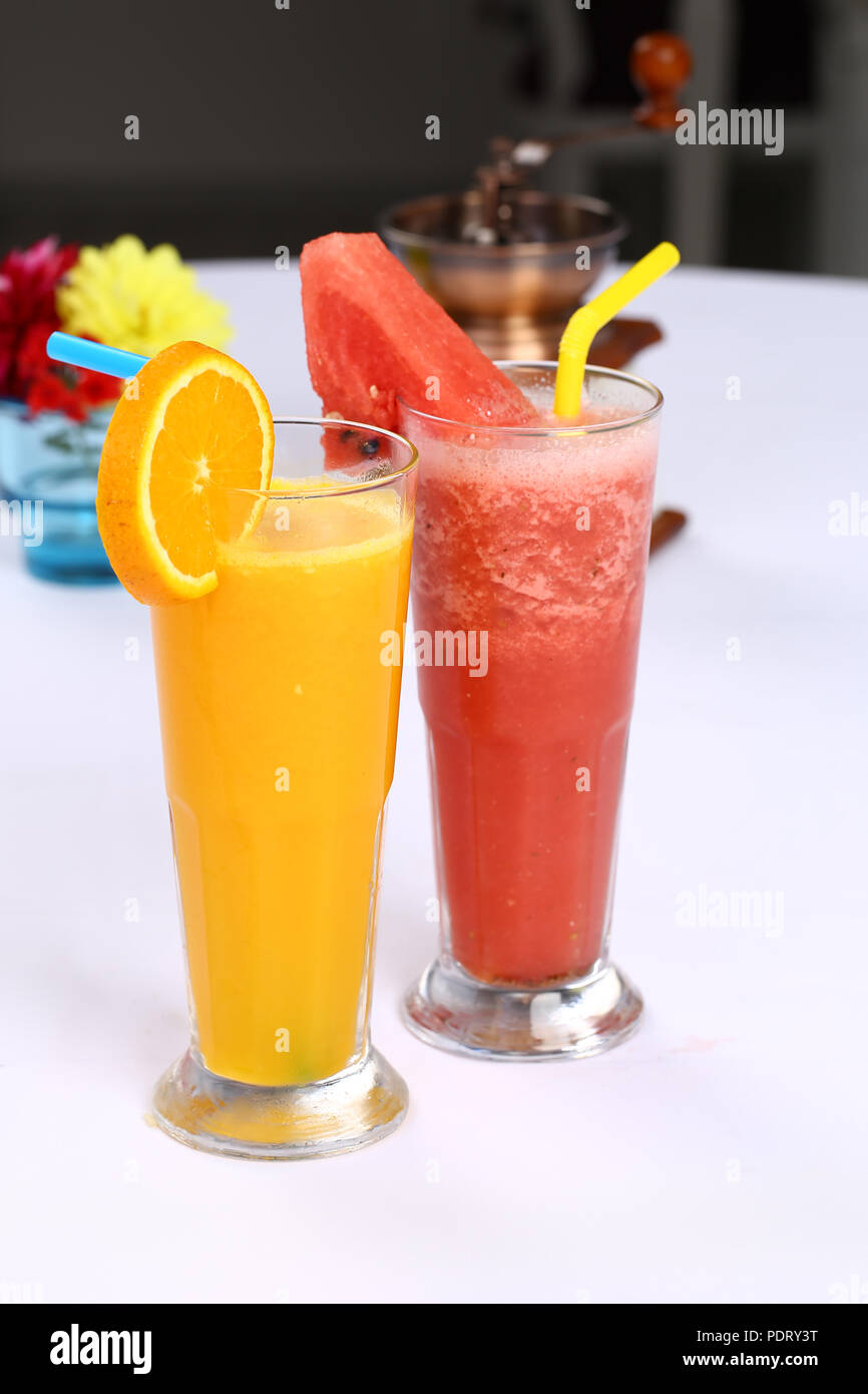 Glass of Orange juice and watermelon juice Stock Photo Alamy