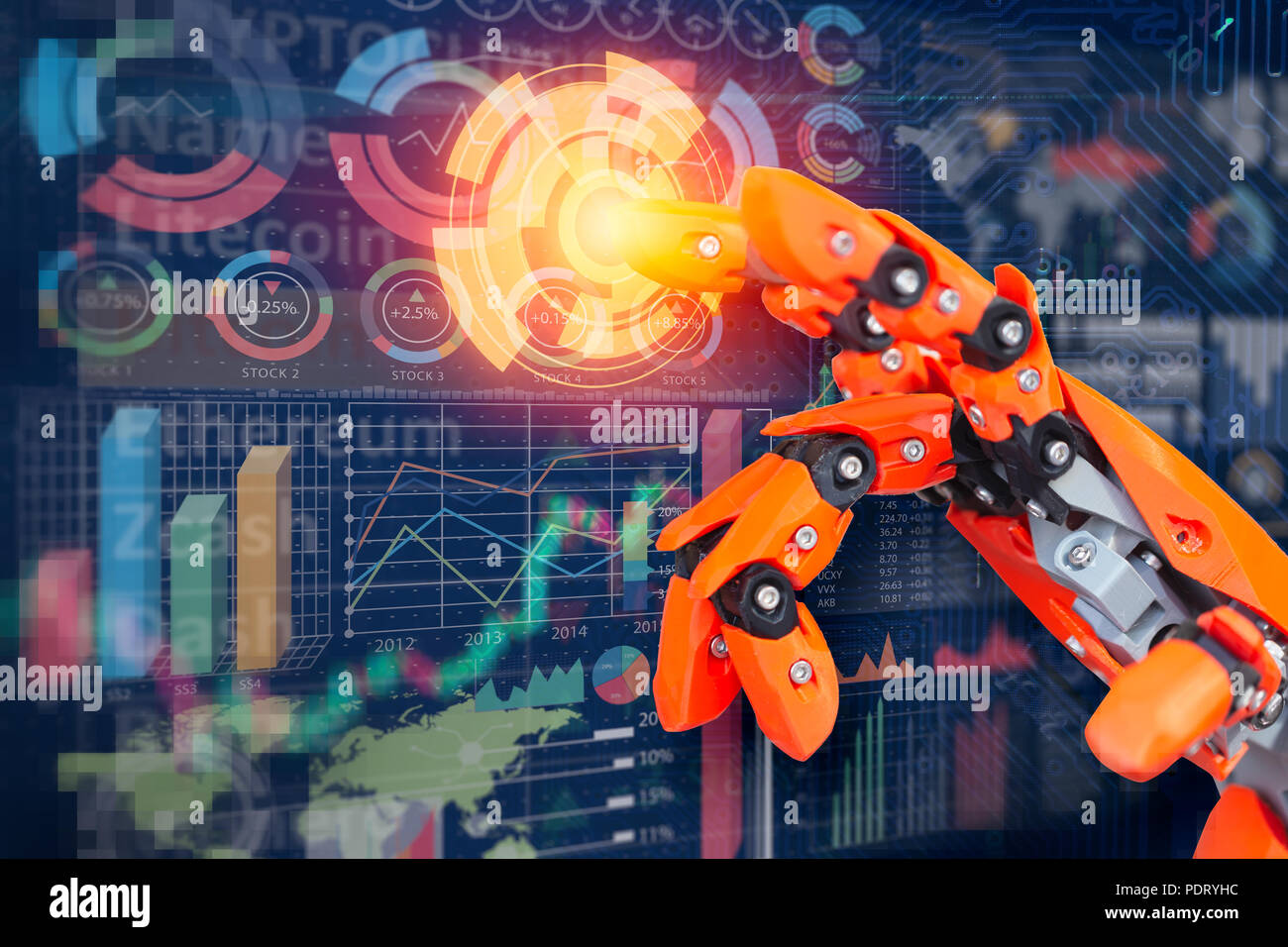 Robot finger touch mix media panel display business data infographic for futuristic cyber aged of modern technology concept. Stock Photo