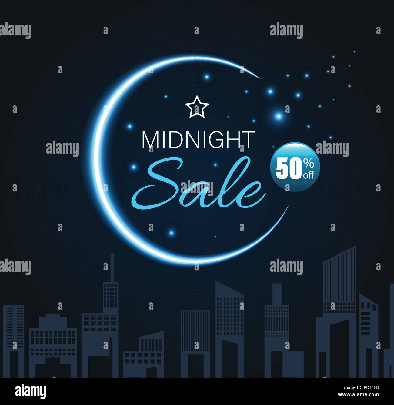 Midnight sale with crescent moon and city night style. Vector illustration. Stock Vector