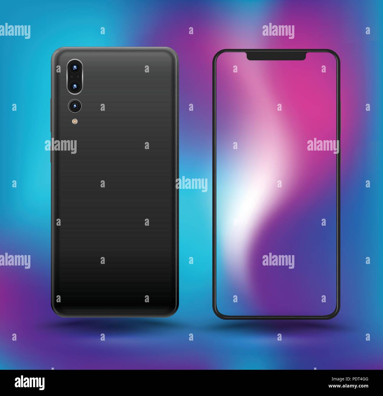 Realistic smartphones mockups blue colour. Stock vector illustration for printing, web element, Game demo and application mockup. Stock Vector