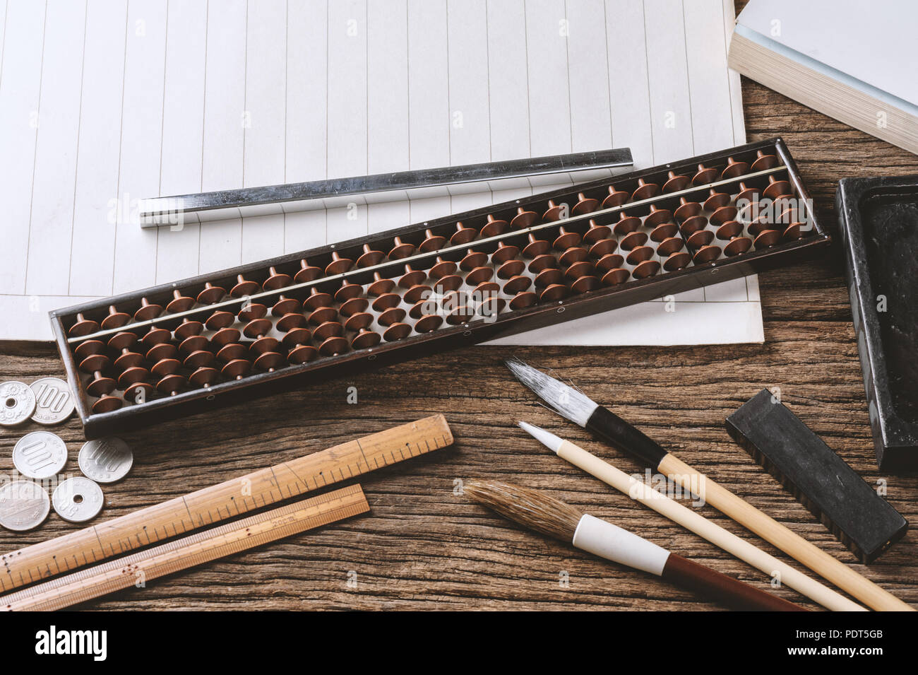 Japanese Style Of Bamboo Abacus On The Desk Stock Photo 215046171